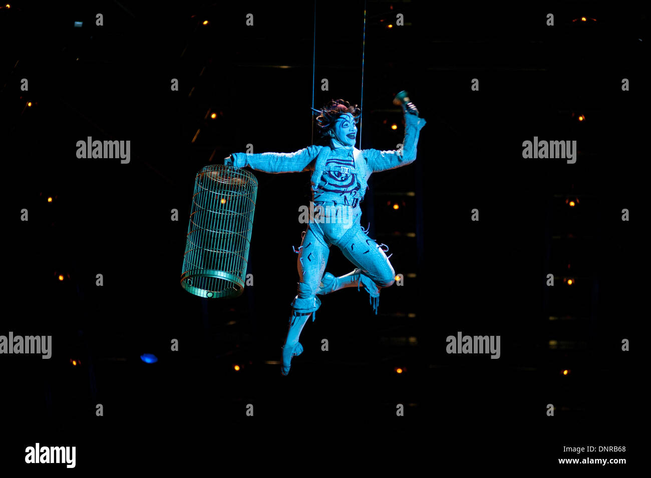 London, UK - 4 Janaury 2014: Ardee Dionisio as The Target performs on stage  during the dress rehearsal of Quidam at the Royal Albert Hall. (available  only for editorial coverage of the
