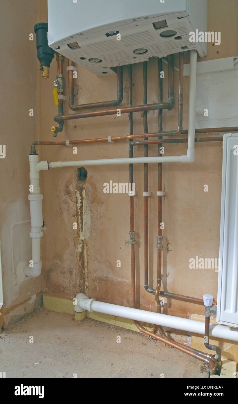 Copper Piping to a Newly Installed Gas Central Heating Boiler, UK Stock Photo Alamy
