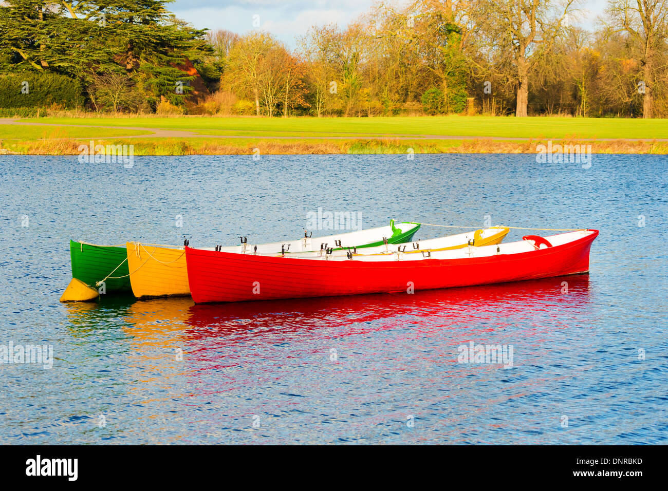 Three Colored Rowing Boats in Water Stock Photo