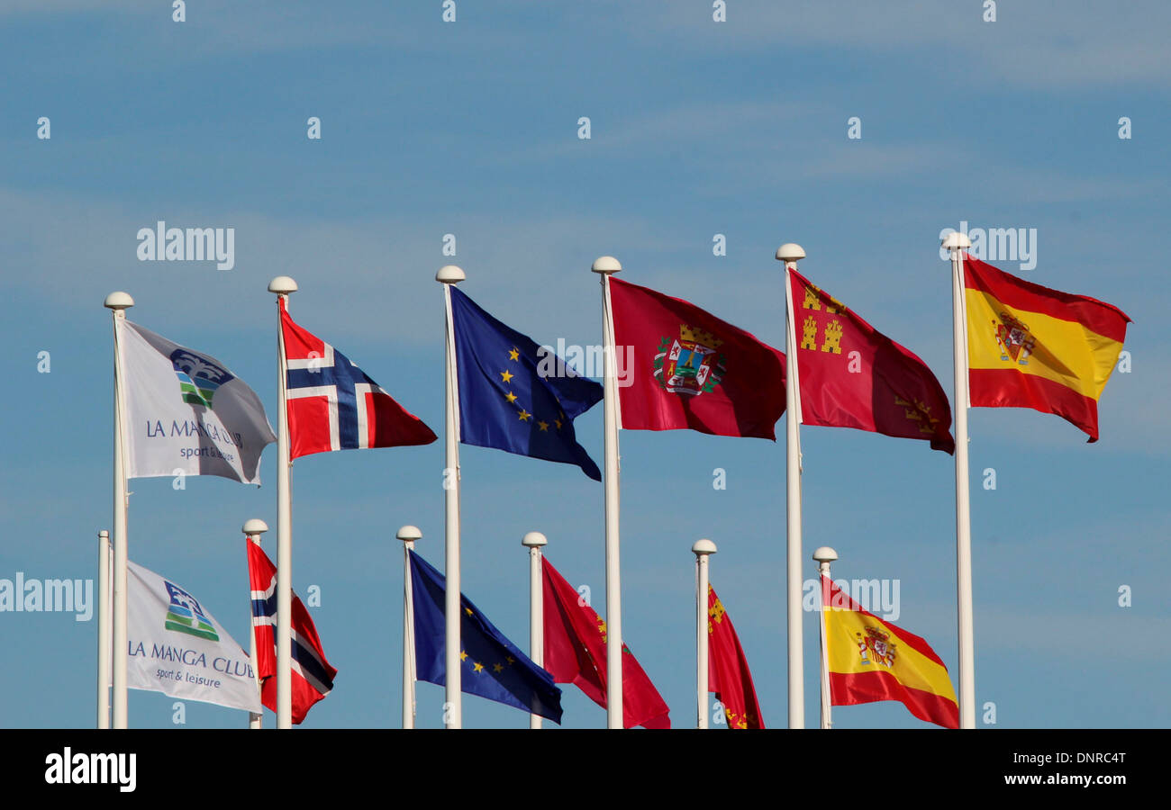 Flags with flag poles of Nations, La Manga Club and governing body of football UEFA Stock Photo