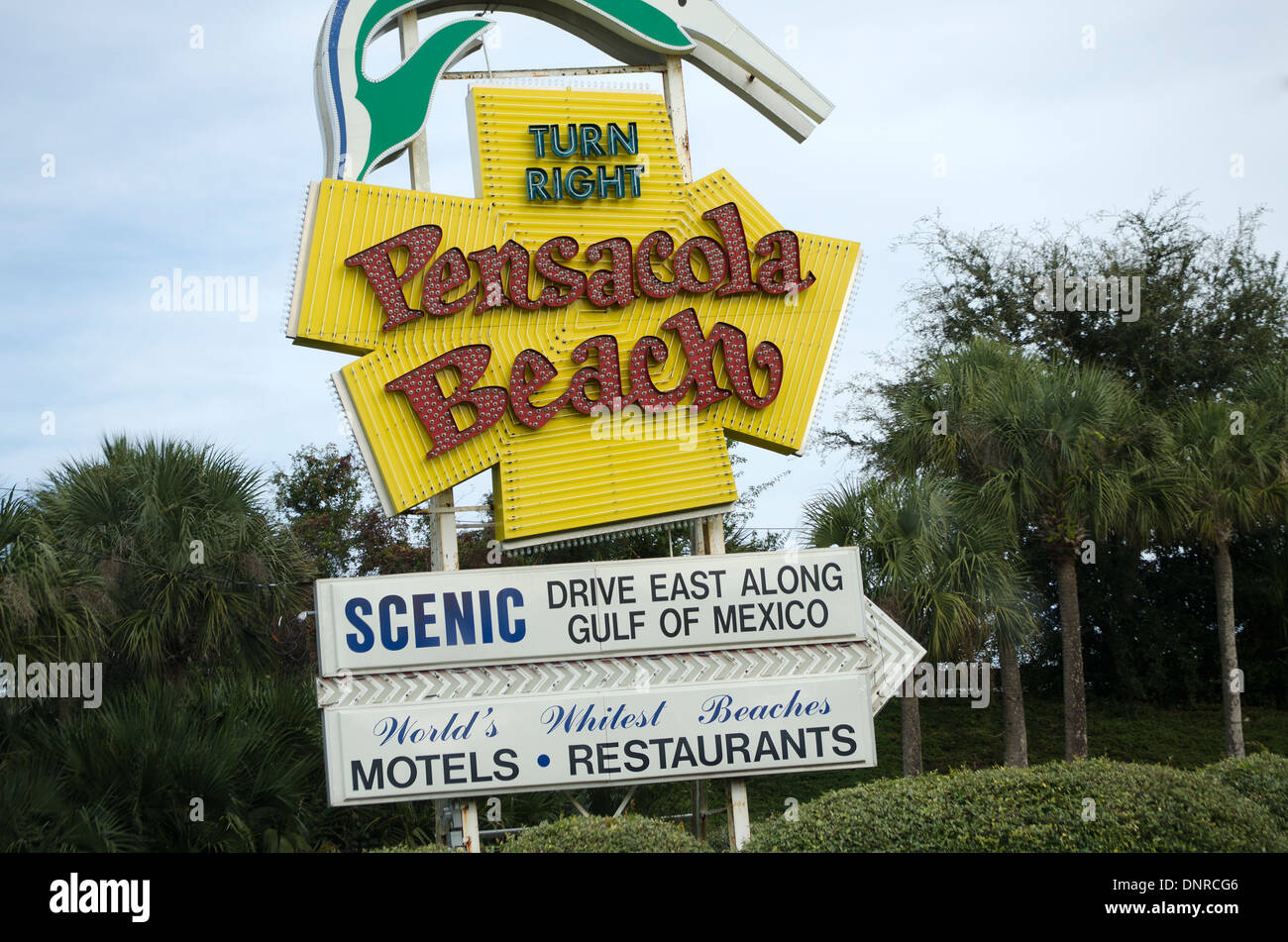 Roadside sign for Pensacola Beach Florida USA Stock Photo