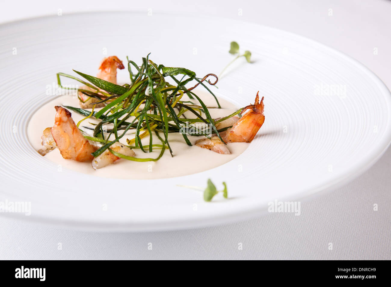 Cream soup with shrimps in a white round plate on a white background Stock Photo