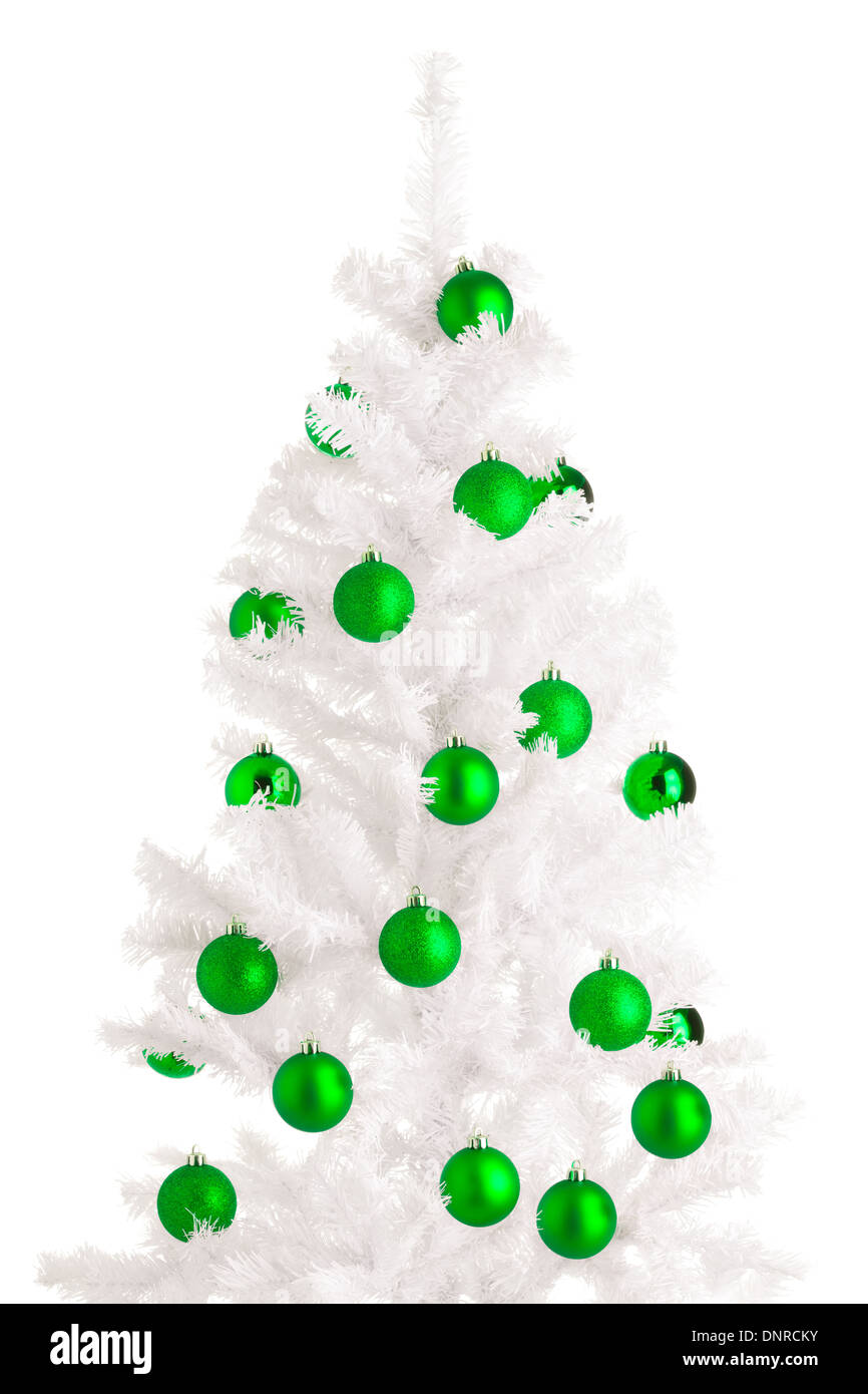 White Christmas tree and green balls, white background Stock Photo - Alamy