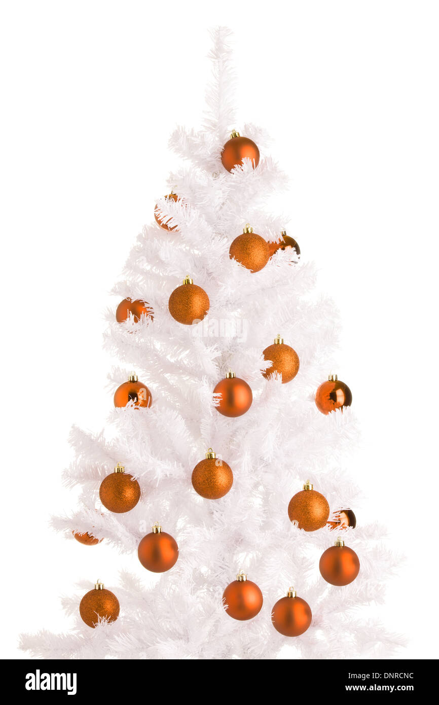 Cone pine, golden bells decorations, red and orange christmas tree ball on  white Stock Photo - Alamy