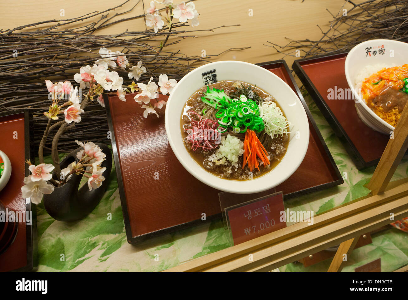Plastic food model (iced buckwheat noodles) display case at fast food