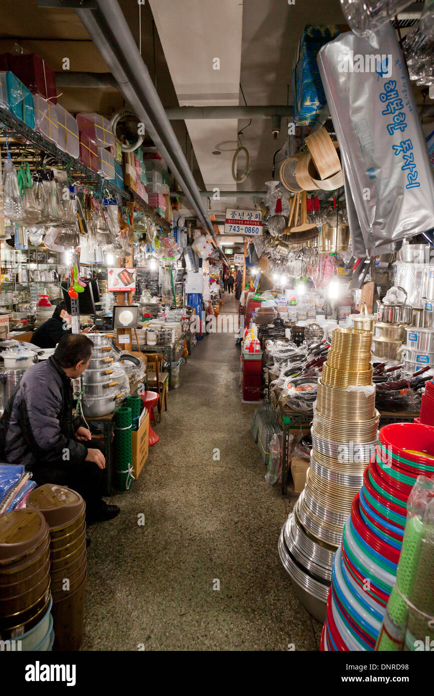 Cookware stores at indoor shijang (traditional market) - Seoul, South Korea Stock Photo