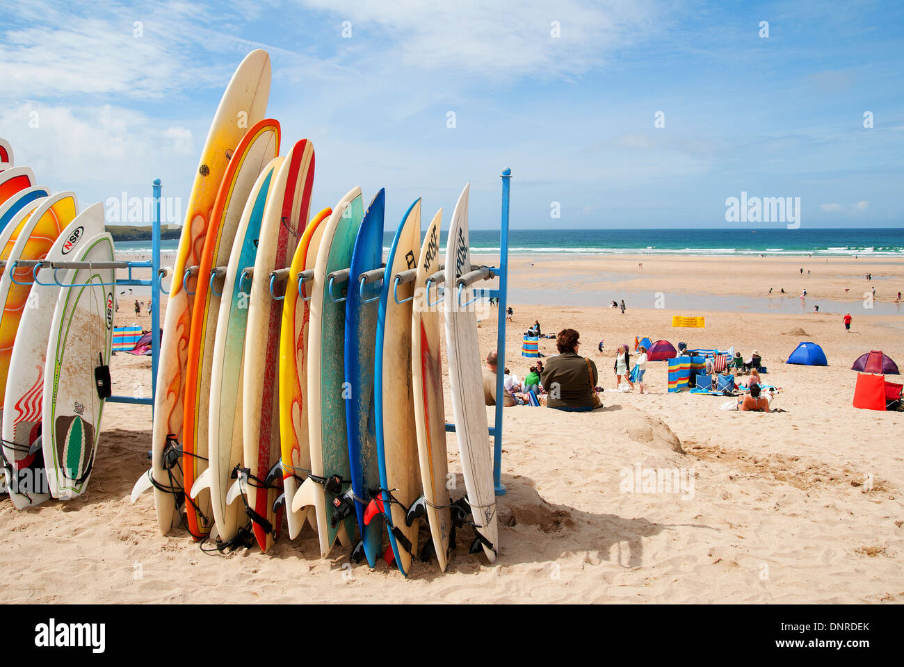 surf boards for hire at fistral beach, newquay, cornwall, uk Stock Photo
