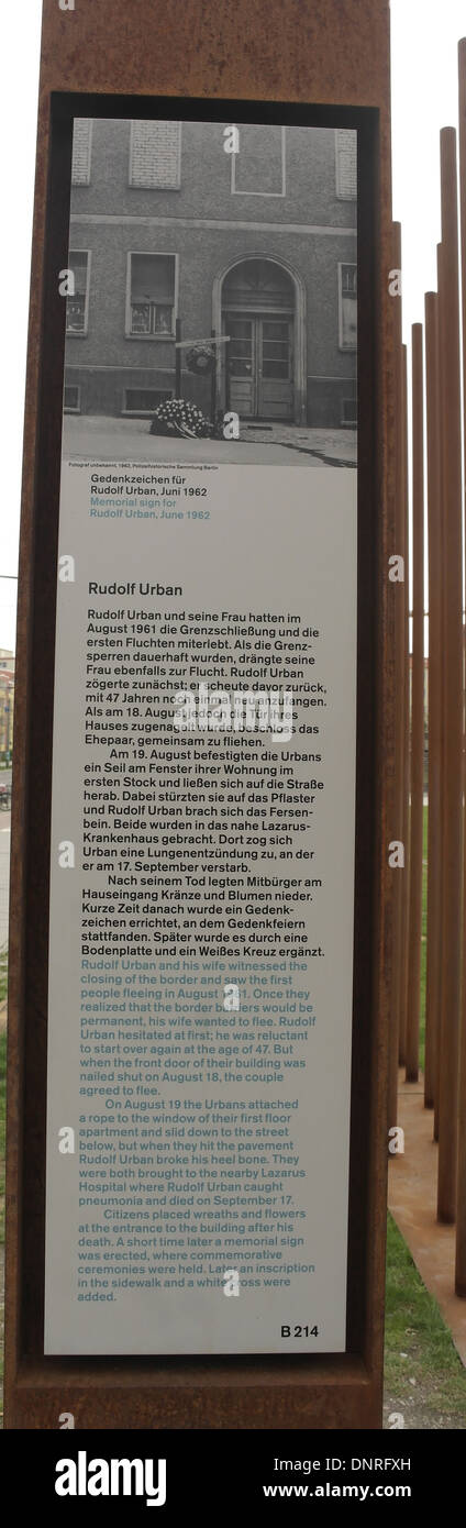 Information panel about Berlin Wall victim, Rudolf Urban, Berlin Wall Memorial, Bernauer Strasse, Berlin, Germany Stock Photo