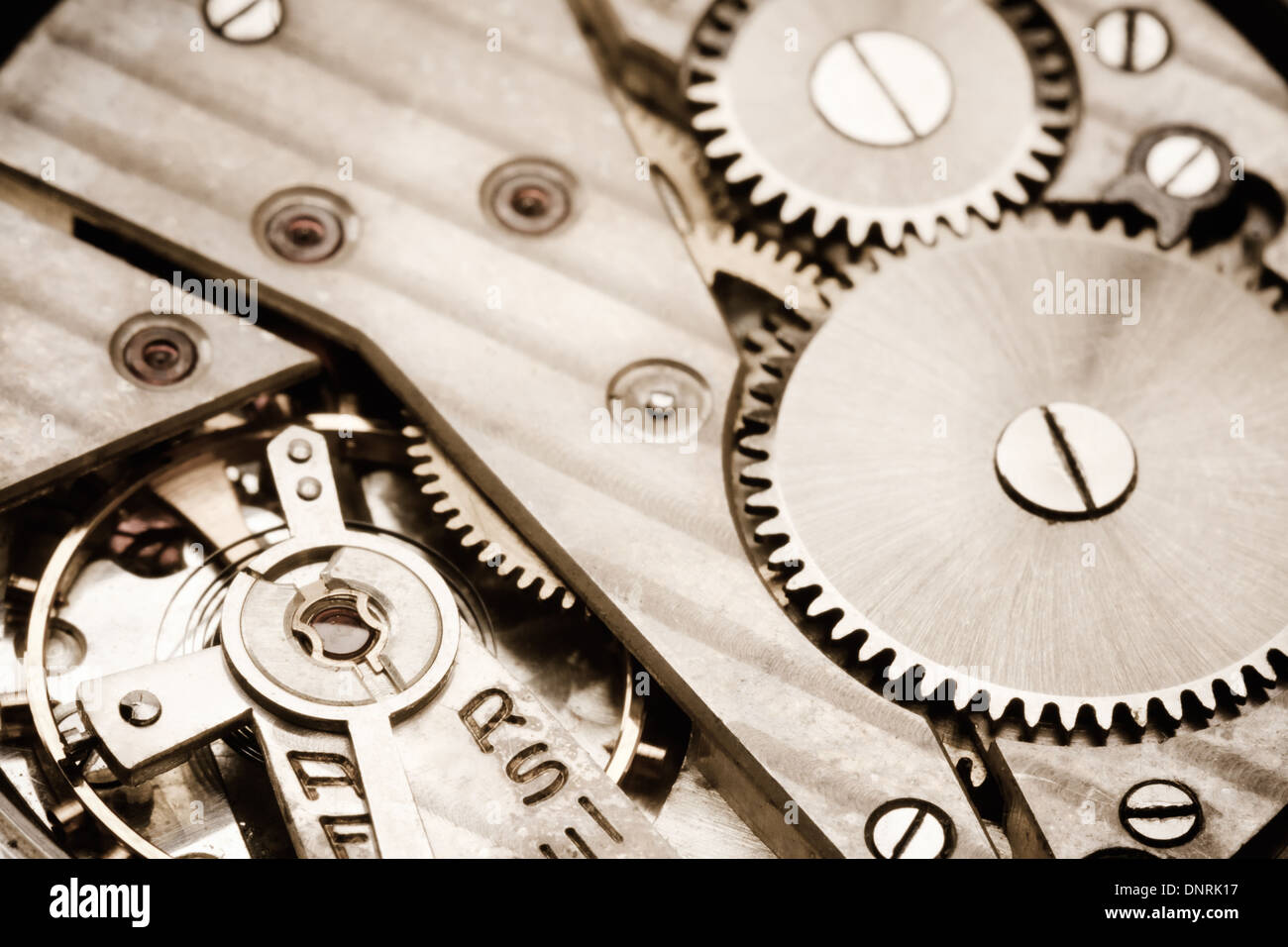 Clockwork Background. Close-up Of Old Clock Watch Mechanism With Gears Stock Photo