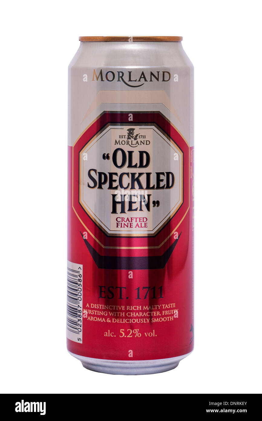 A can of Morland old speckled hen ale beer on a white background Stock Photo