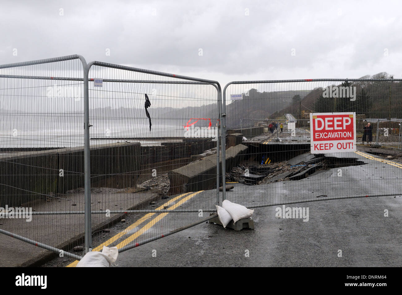 Warning Deep Evacuation  Keep Out sign at Amroth Pembrokeshire due to road destroyed storm and high wind Wales Cymru UK GB Stock Photo