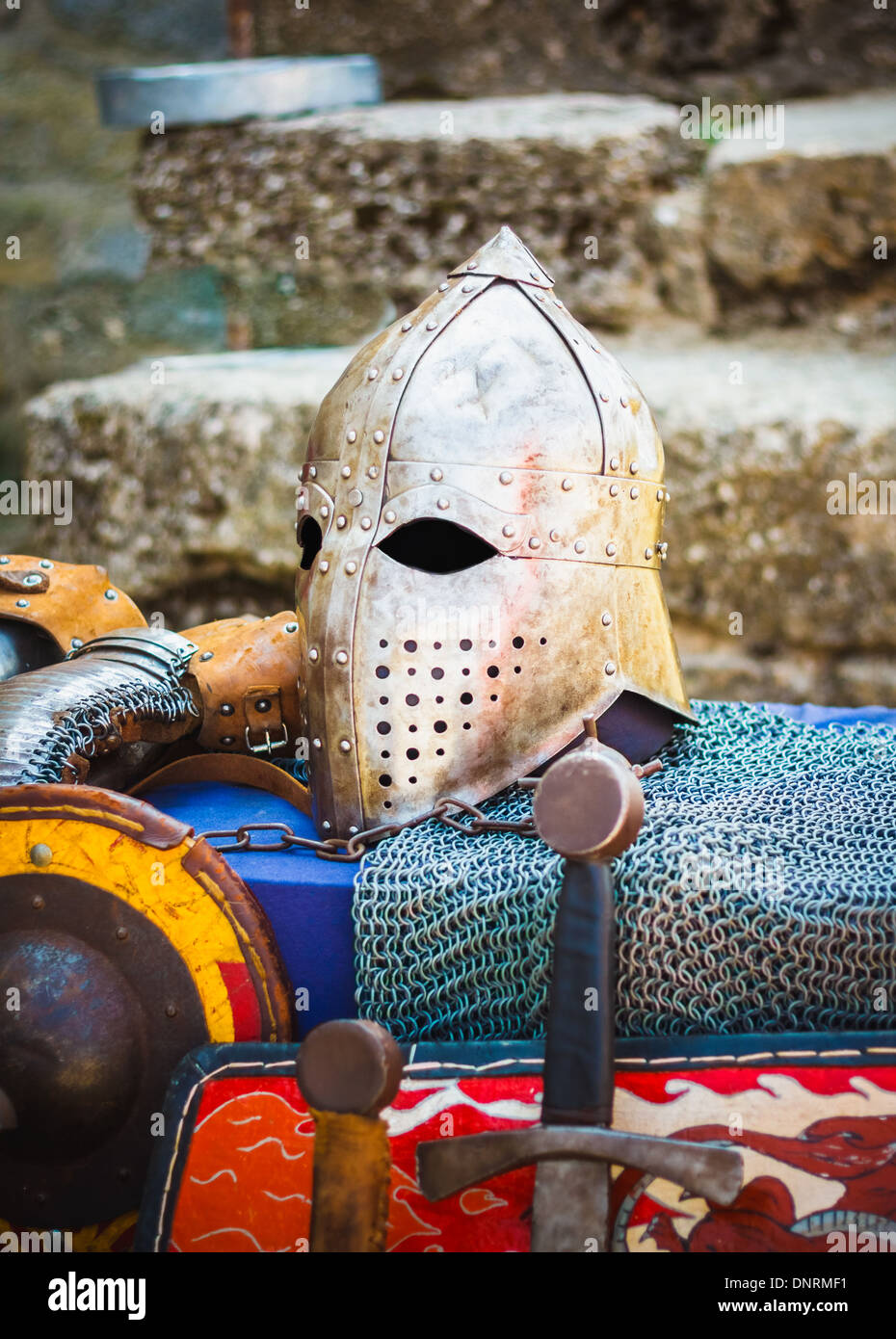 Protective Helmet With A Visor On Medieval Knight. Medieval Templar Helmet Waiting For Knight Stock Photo