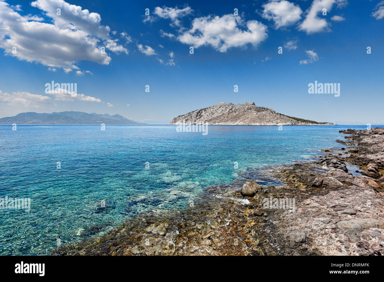 The rocky beach Perdika in Aegina island, Greece Stock Photo