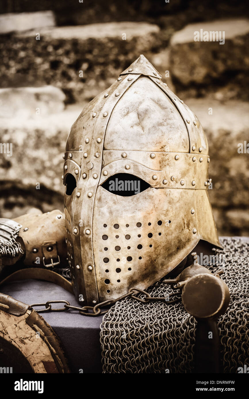 Protective Helmet With A Visor On Medieval Knight. Medieval Templar Helmet Waiting For Knight Stock Photo