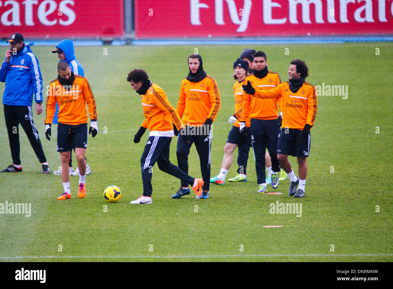 Madrid, Spain. 5th Jan, 2014. (From left to right) players Benzema, Pepe, Cristiano Ronaldo, Modric, Coentrao, Casemiro and Marcelo at a Real Madrid training session at the Valdebebas sports complex ahead of the Liga match between Real Madrid and Celta Vigo, on January 5th, 2014 in Madrid, Spain Credit:  Madridismo Sl/Madridismo/ZUMAPRESS.com/Alamy Live News Stock Photo
