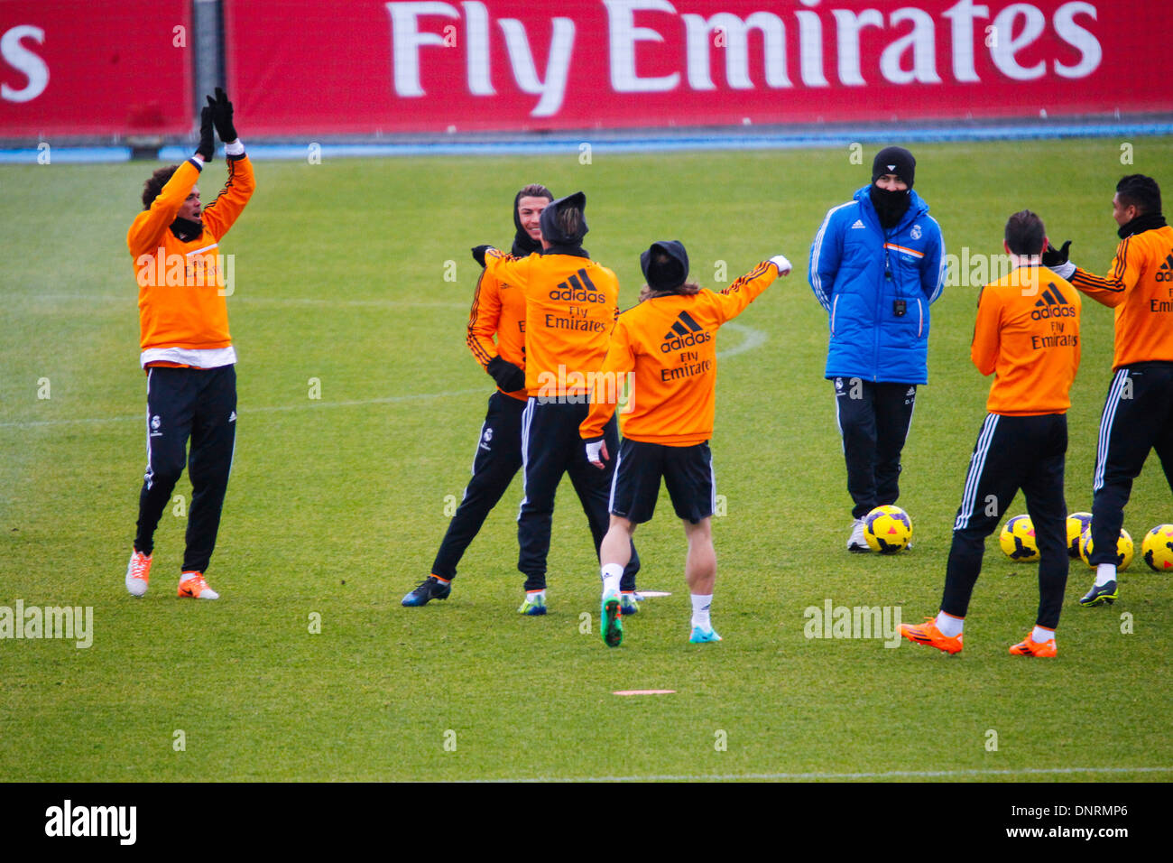 Madrid, Spain. 5th Jan, 2014. (From left to right) Pepe, Cristiano Ronaldo, Coentrao, Modric, Bale and Casemiro at a Real Madrid training session at the Valdebebas sports complex ahead of the Liga match between Real Madrid and Celta Vigo, on January 5th, 2014 in Madrid, Spain Credit:  Madridismo Sl/Madridismo/ZUMAPRESS.com/Alamy Live News Stock Photo