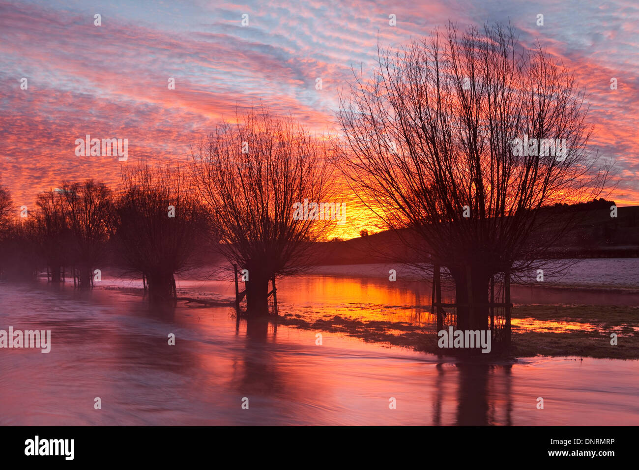 Salisbury, UK. 5th Jan, 2014, Following heavy rain dawn is reflected in flood water on the River Ebble near Salisbury Wiltshire. With further heavy rain forecast the red sky justifies the old saying 'red sky in the morning shepherds warning'. Credit:  Ken Leslie/Alamy Live News Stock Photo