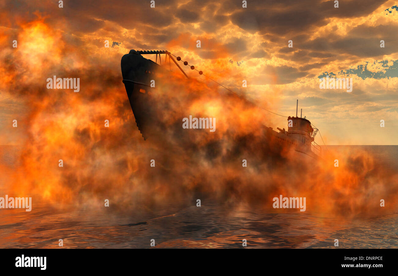 A German Uboat Surfacing After Being Depth Charged. Stock Photo