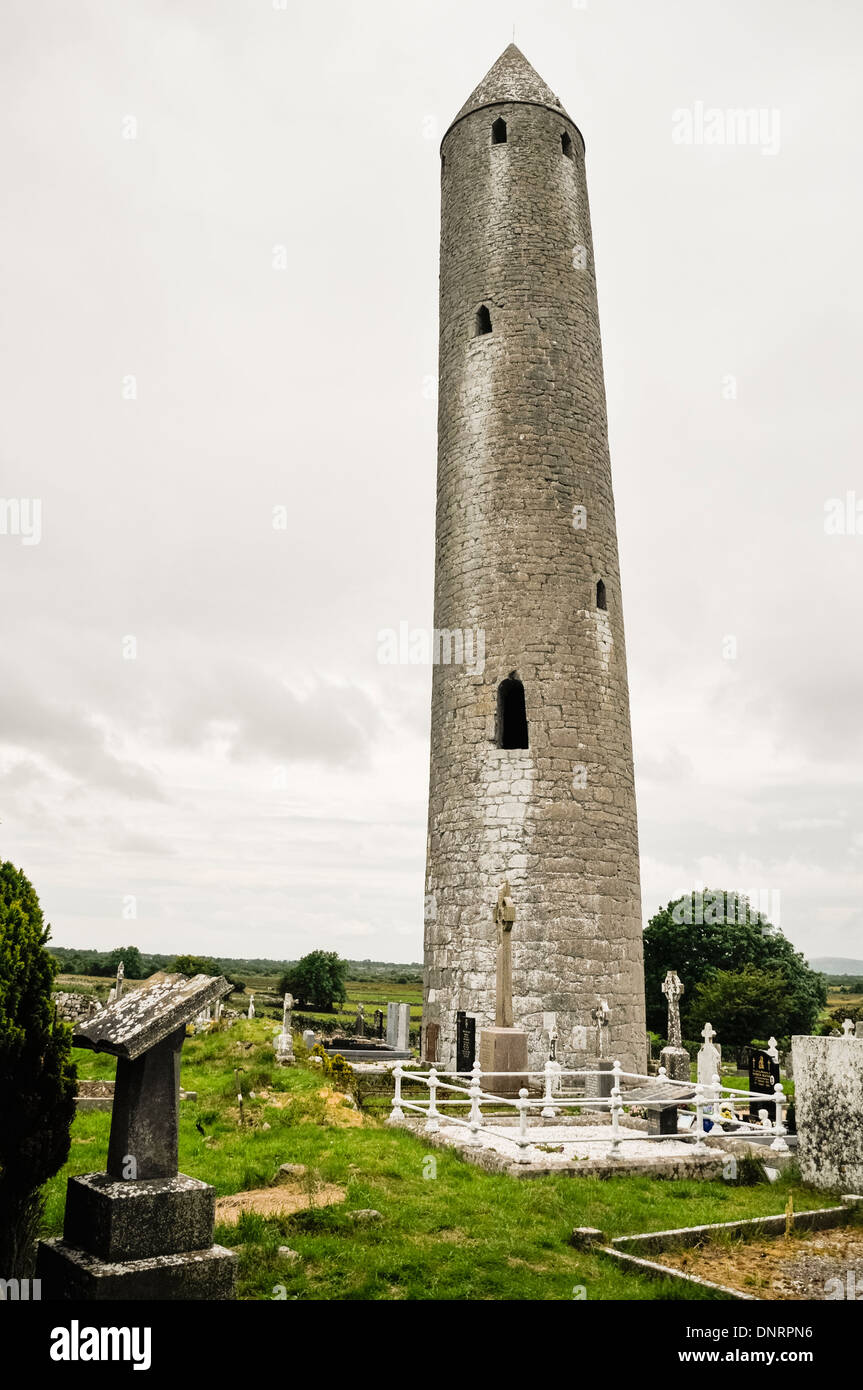 Kilmacduagh church, graveyard and roundtower, County Galway,  Ireland Stock Photo