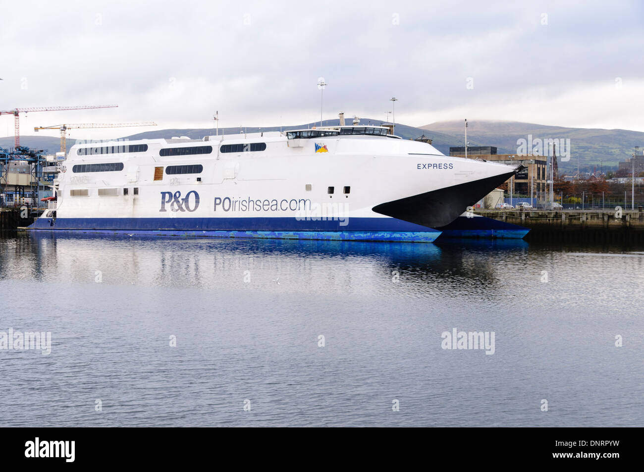 P&O Express Seacat, which held the record for the fastest trans-atlantic crossing, and operated regular crossings from Larne to Stranraer. Stock Photo