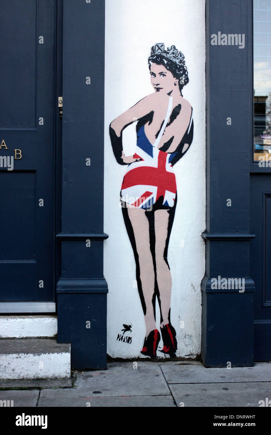 Street art featuring Queen Elizabeth by Pegasus in north London Stock Photo
