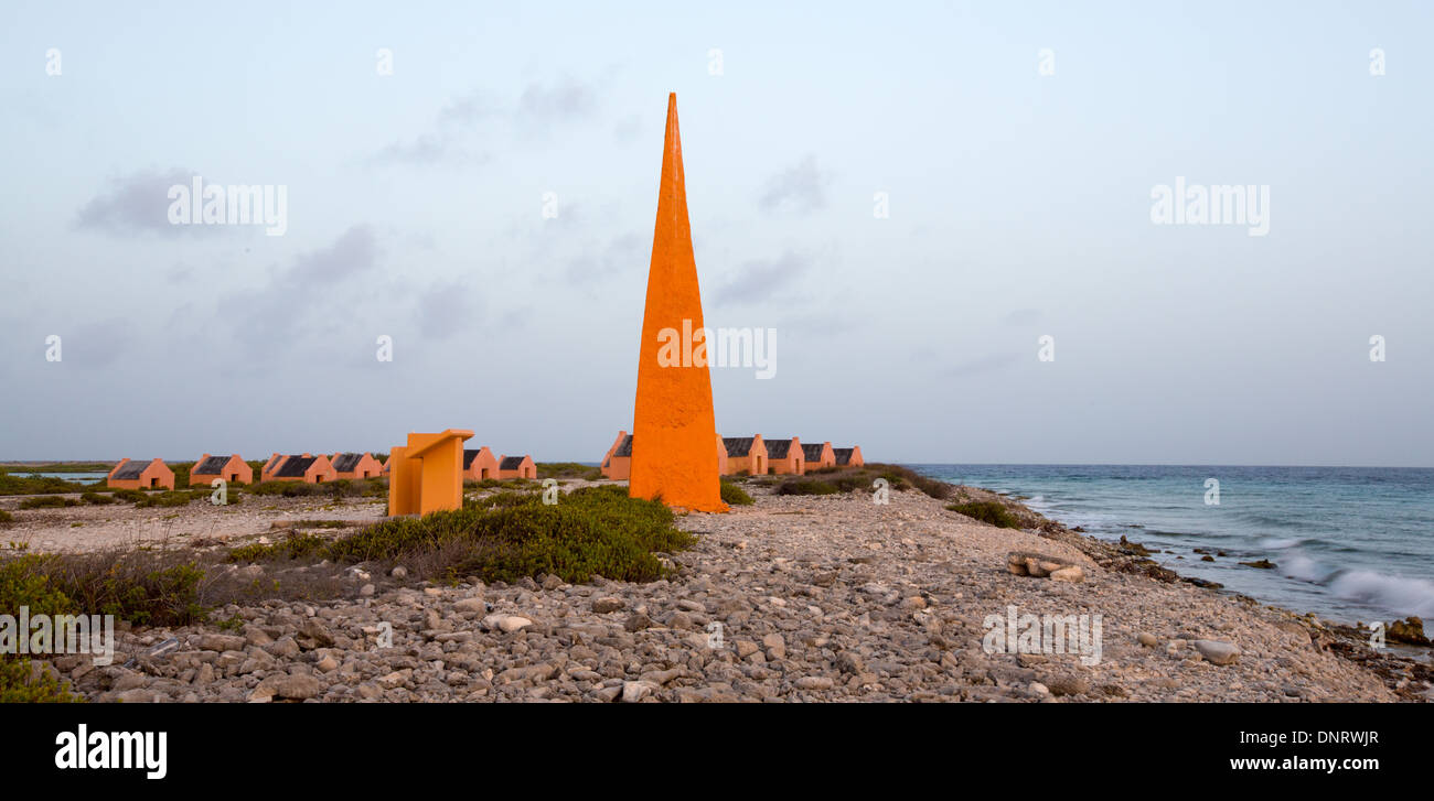 Slave huts at the salt mines in Bonaire. Stock Photo