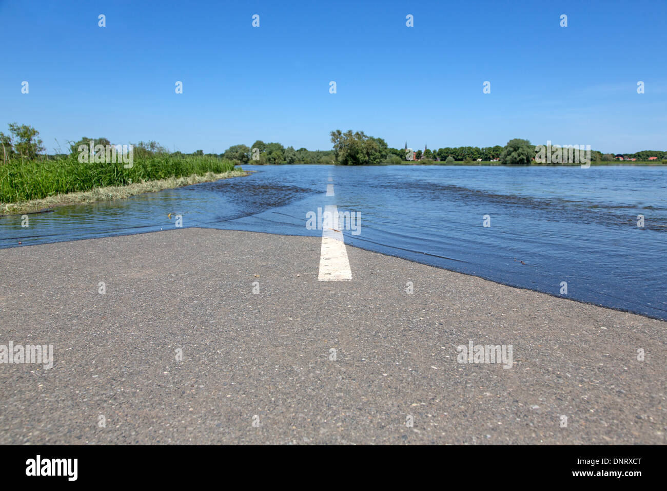 Road with high water, 2013, Dömitz, Germany, Europe Stock Photo