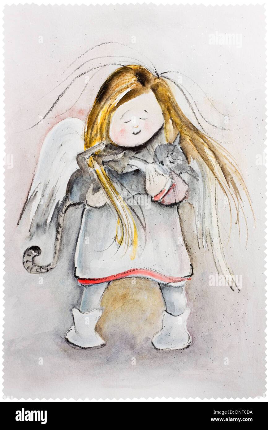 Frozen cat and girl - Winter Angel with golden hair concept. Watercolor handmade painted illustration. Stock Photo