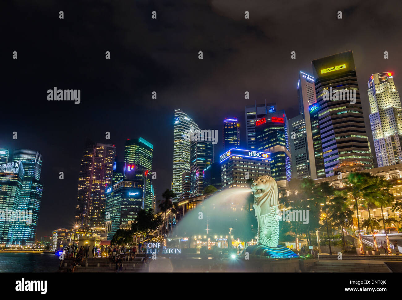 Night View of High-rise Buildings and Merlion, Singapore Stock Photo