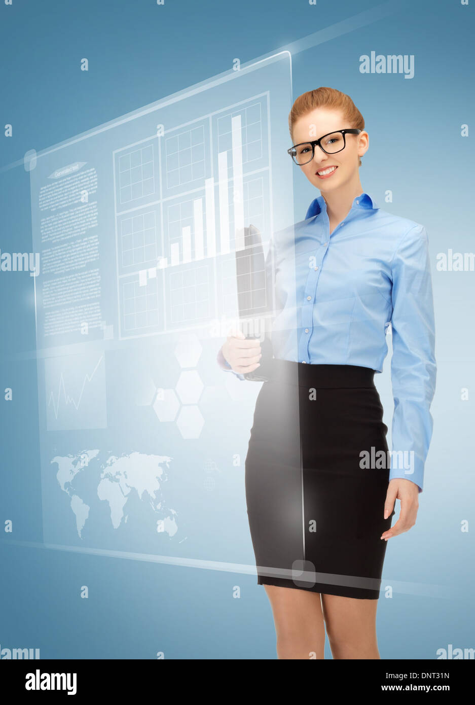 happy woman with virtual screens Stock Photo - Alamy