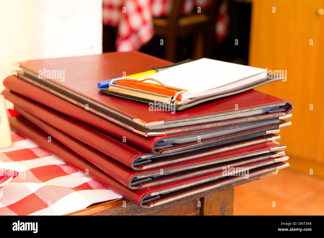 Restaurant menus and waiters notepad. Stock Photo