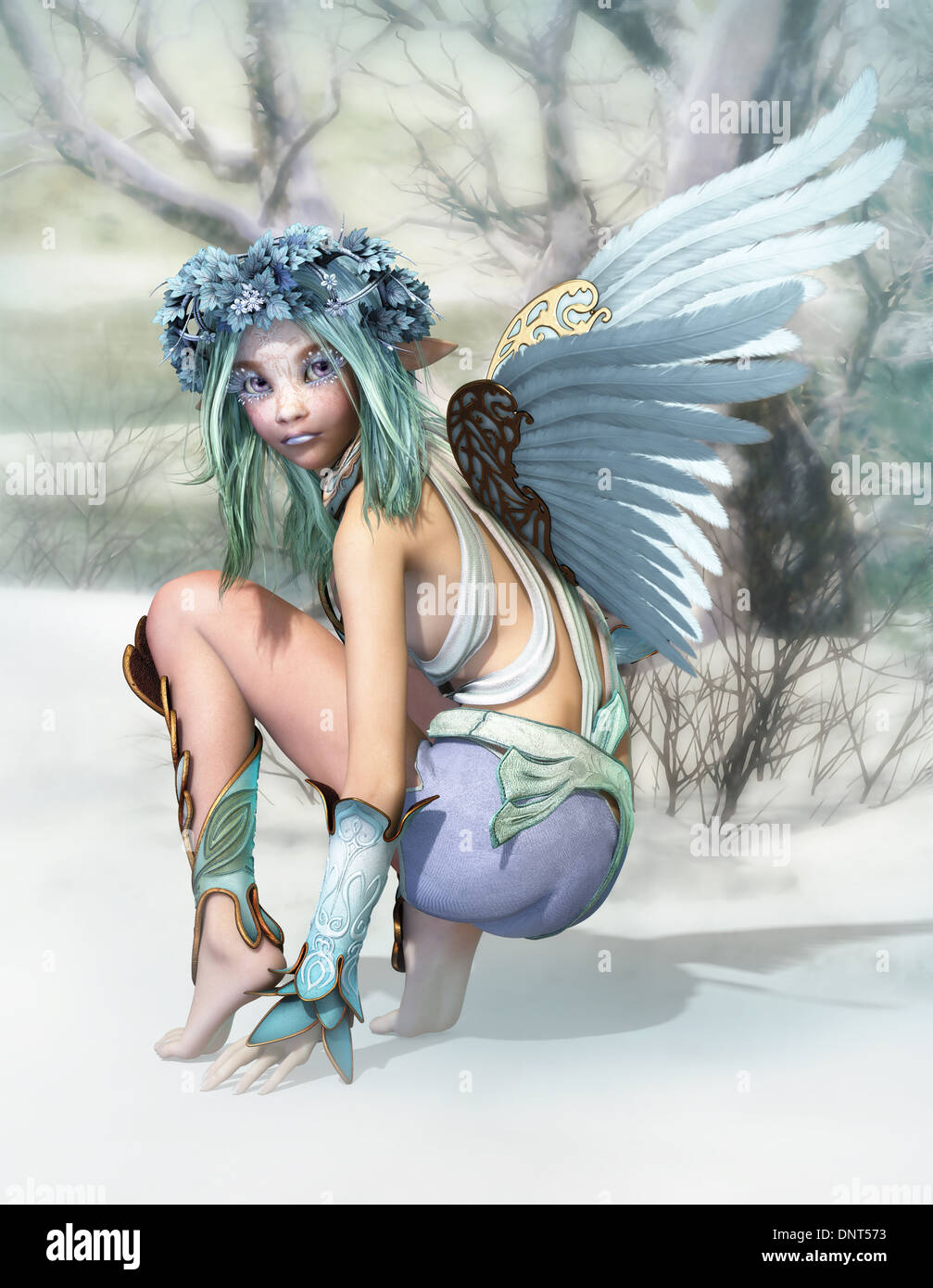 3D computer graphics of a cheeky little fairy in a winter landscape Stock Photo