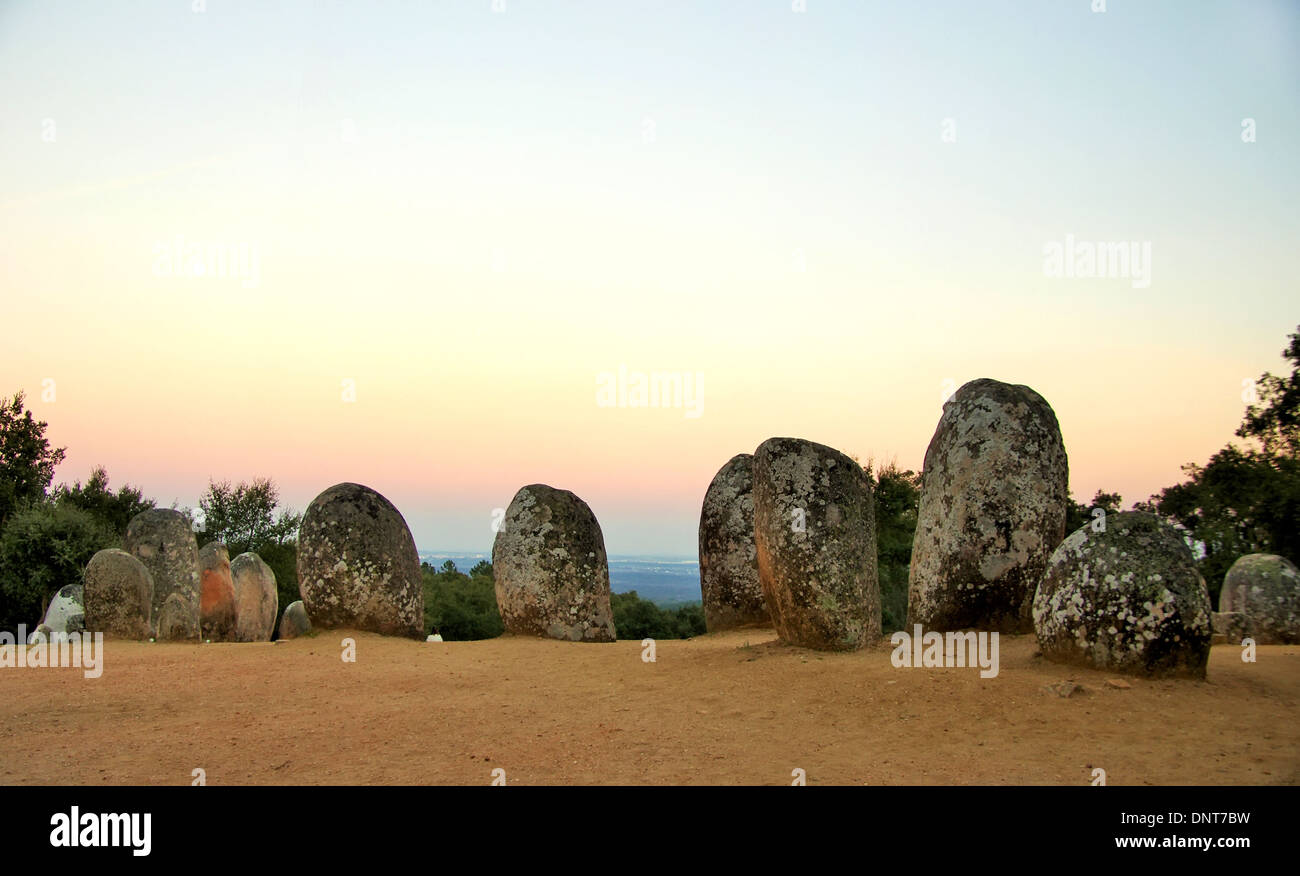 Cromlech of Almendres at sunset,Evora, Portugal. Stock Photo