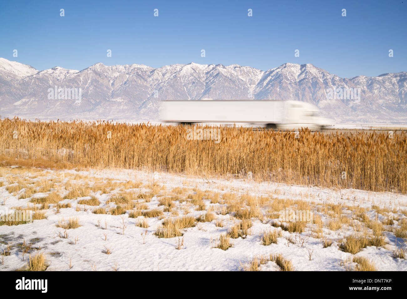 Snow Covered Mountains Behind Lakeside Highway PLant Growth Utah Landscape Stock Photo