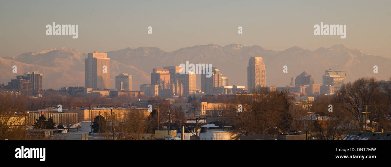 Salt Lake City with the Wasatch Mountain Range showing through the pollution Stock Photo