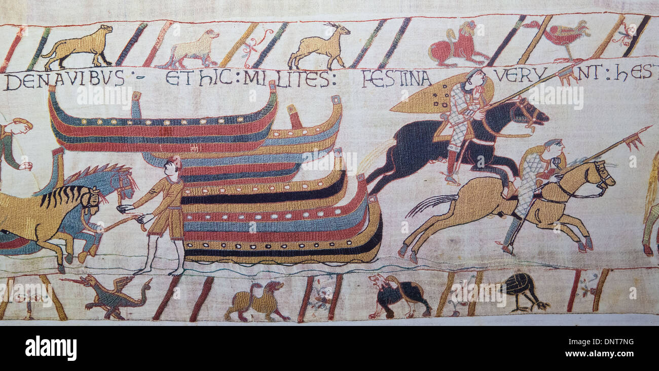 Detail of the Bayeux Tapestry depicting the Norman invasion of England in the 11th Century Stock Photo