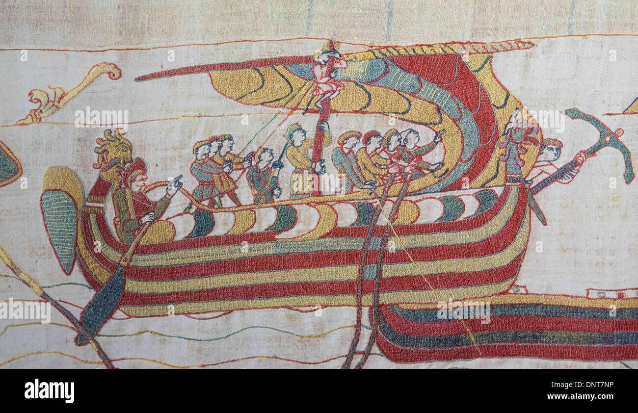 Detail of the Bayeux Tapestry depicting the Norman invasion of England in the 11th Century Stock Photo