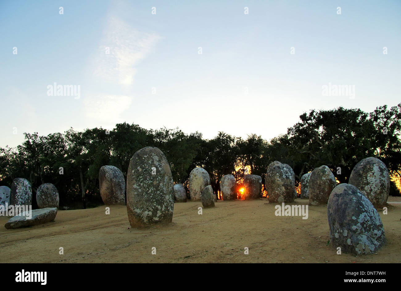 Almendres Cromlech at sunset, Portugal. Stock Photo