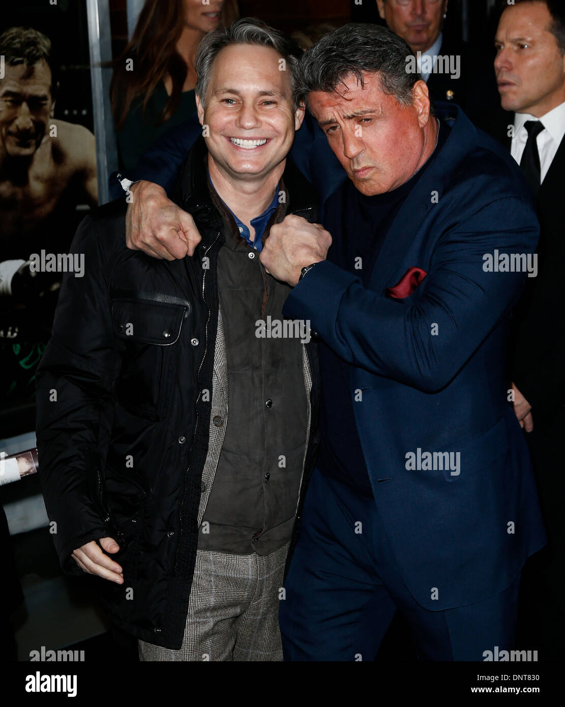 Founder of DuJour Media Group Jason Binn (L) and Sylvester Stallone attend the world premiere of 'Grudge Match' Stock Photo