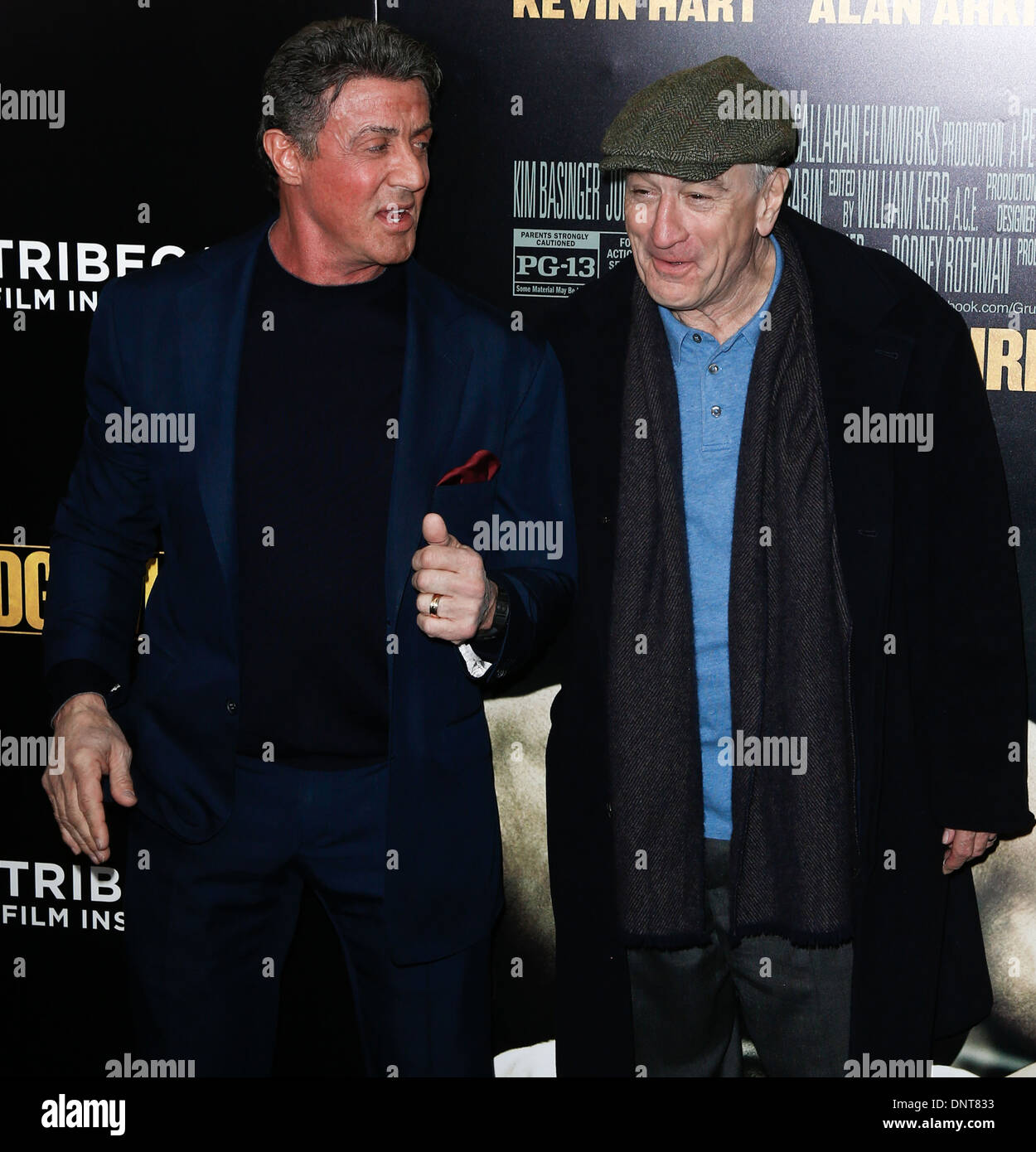 Actor Robert DeNiro (R) and Sylvester Stallone attend the world premiere of 'Grudge Match' at the Ziegfeld Theatre. Stock Photo