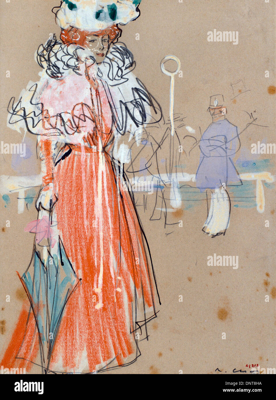 Ramon Casas i Carbo, Female Figure in Red. Circa 1900. Gouache, graphite pencil on paper. Stock Photo