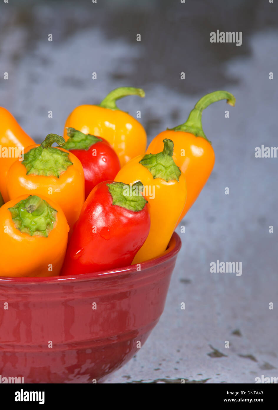 Sweet mini peppers in red bowl. Closeup with shallow depth of field. Stock Photo