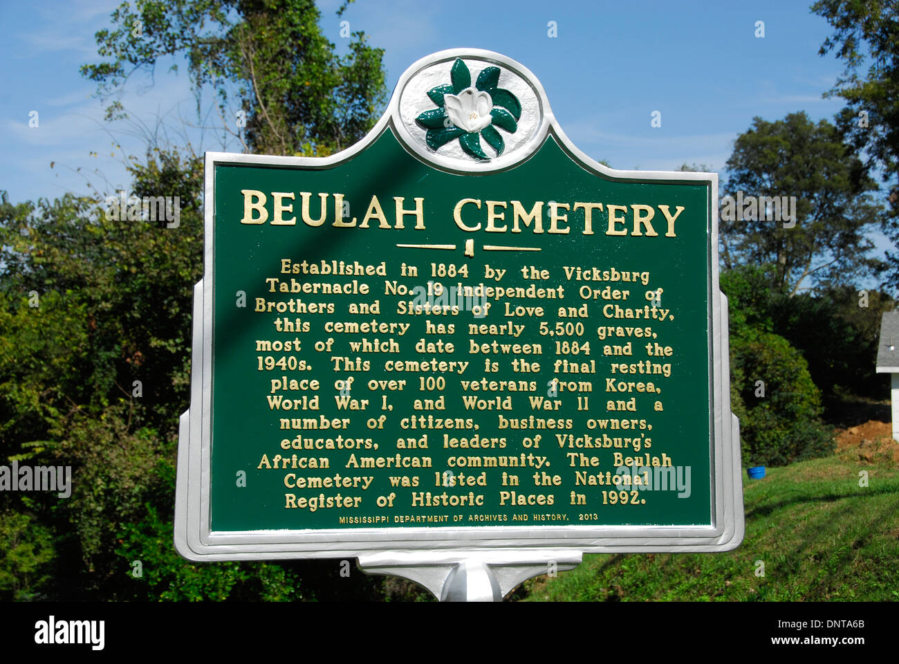 Sign marking the Historic African American Beulah Cemetery in Vicksburg