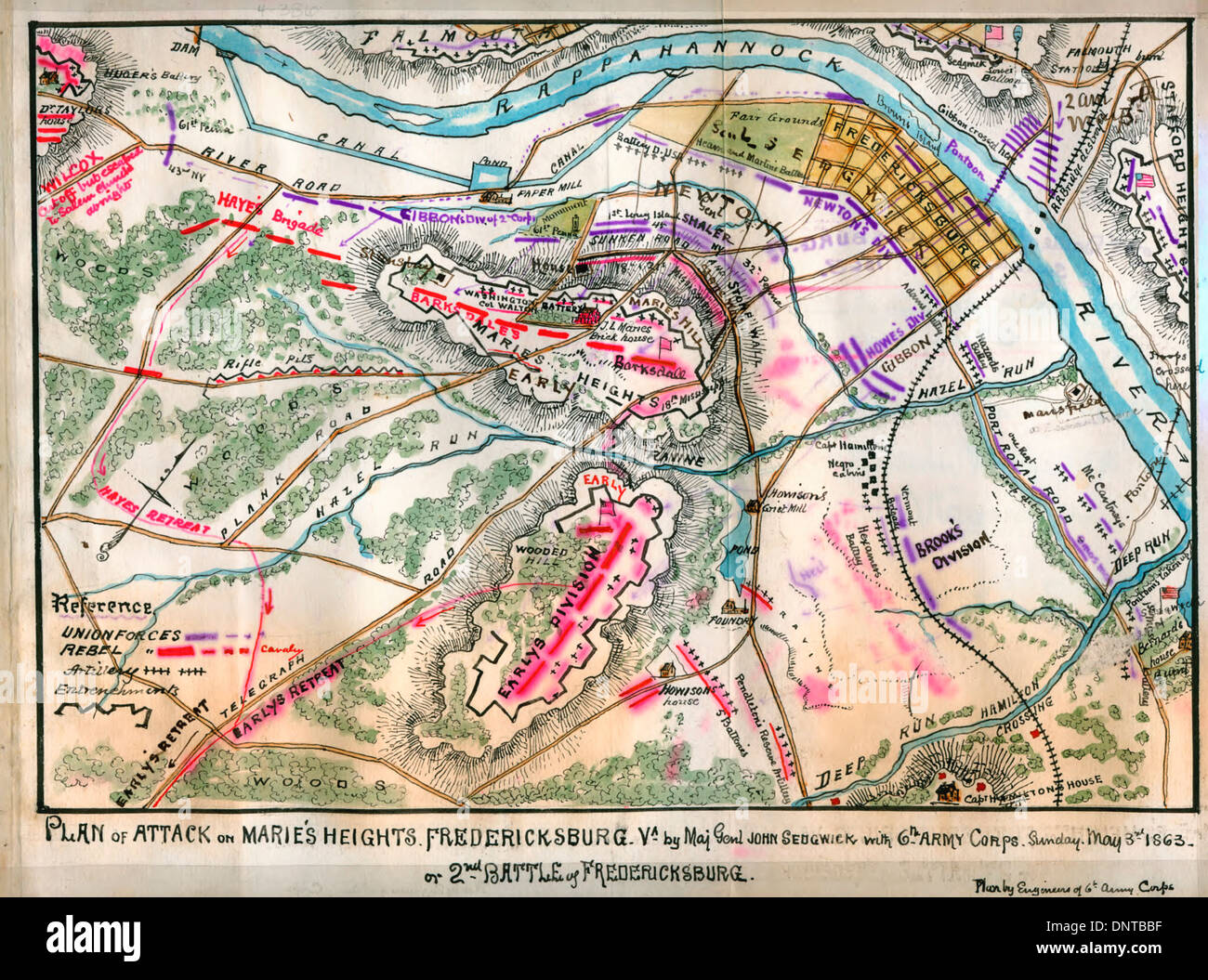 Plan of attack on Mayre's Heights, Fredericksburg, Virginia or Battle of Fredericksburg. By Major General John Sedgwick with 6th Army Corps, Sunday, May 3rd, 1863. Stock Photo
