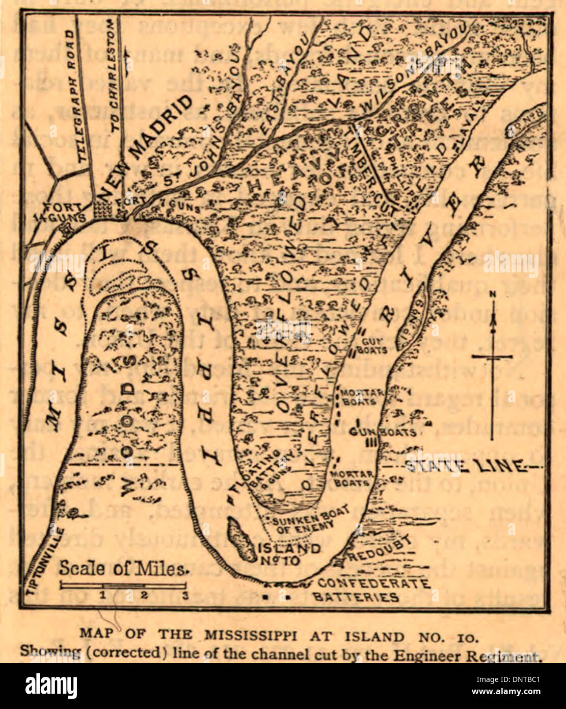 Map of the Mississippi at Island no. 10. Showing (corrected) line of the channel cut by the Engineer Regiment. 1862 USA Civil War Stock Photo