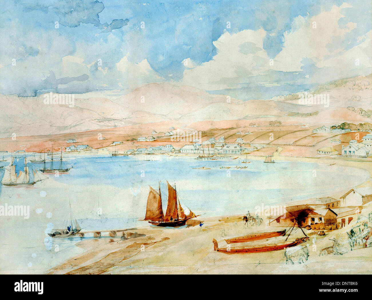Charles Heaphy, Wellington Harbour, N.Z. 1841 Watercolor. Museum of New Zealand Te Papa Tongarewa. Stock Photo