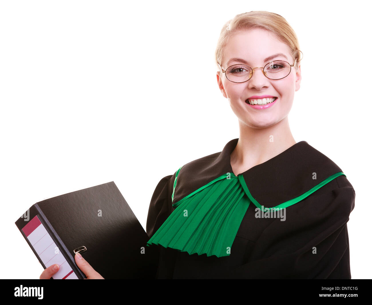 Lawyer attorney in classic polish black and green gown with file