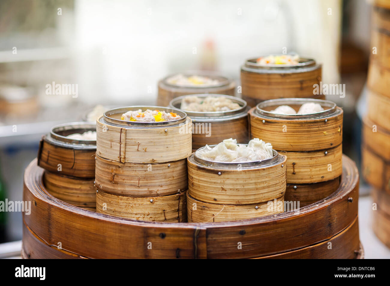 Dim sum steamers at a Chinese restaurant, Hong Kong Stock Photo