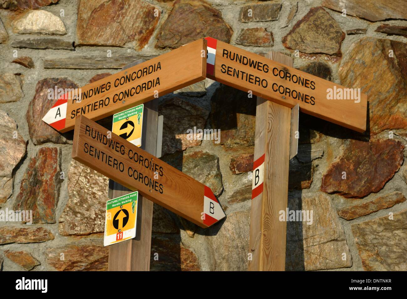 Signs on the peak of  Plan de Corones  (2275m) in Trentino-Alto Adige, Italy, 27 of July 2013. Photo: Frank May/ picture alliance Stock Photo