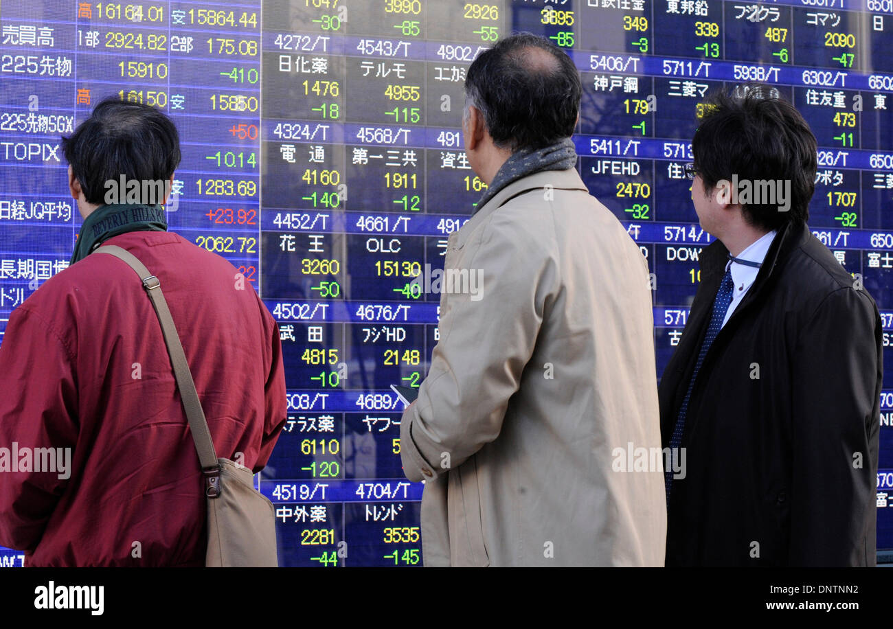 Tokyo, Japan. 6th Jan, 2014. People look at an electronic board showing the stock index in Tokyo, Japan, Jan. 6, 2014. The 225-issue Nikkei Stock Average closed down 382.43 points from the end of 2013 at 15,908.88. Credit:  Stringer/Xinhua/Alamy Live News Stock Photo